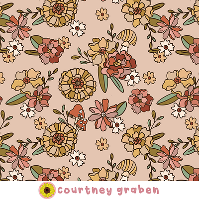 Retro Floral Surface Pattern Design by Courtney Graben 70s 70s floral art design digital art illustration pattern retro retro floral surface design surface pattern design