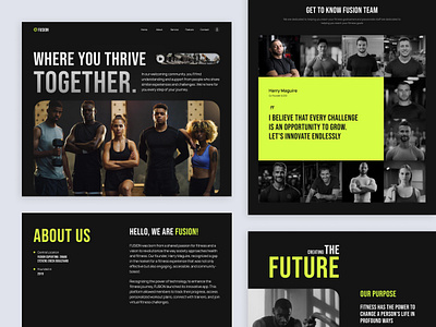Fusion - About Us Page about page about us brand identity branding clean company page dark mode design exercise fitness app gym health landing page minimalist sport team page ui ux web design website