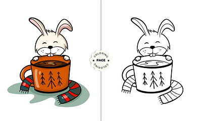 Bunny with A Cup Of Hot Chocolate At Christmas bunny cartoon christmas coloring book coloring page cute illustration kid coloring kid drawing rabbit