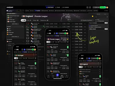 Mollybet: Sportsbook leagues betting bookmaker dark desktop football gambling interface league mobile modern mollybet neon panel sports table tournament trade trading ui web design