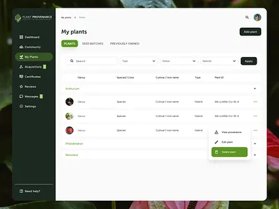 Platform for plant lovers - list of plants cms complex interface dashboard design showcase erp plant management plant provenance plants saas ui design