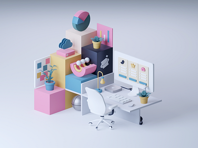 Square One landing concept 3d blender cloud illustration isometric landing page mac office plant room ui ux