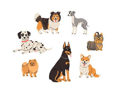 Cartoon dogs set 3 animal breed cartoon character collection concept cute design dog domestic flat illustration pet set vector