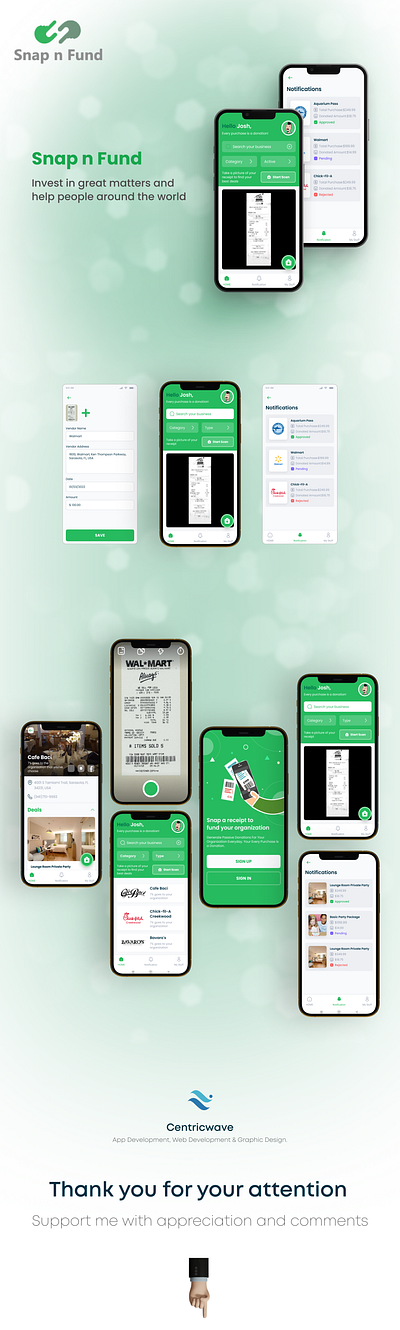 SNAP N FUND android app design bills design donate finance graphic design ios logo mobile app profile qrcode scan scanner uiux user