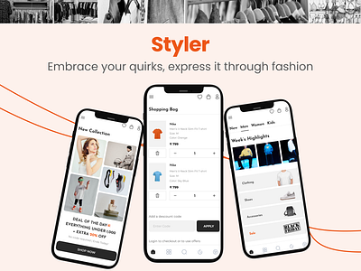 Styler Mobile App | Different Shopping experience app design branding cart cloths collections fashion mobile app payments shopping ui user profile wishlist