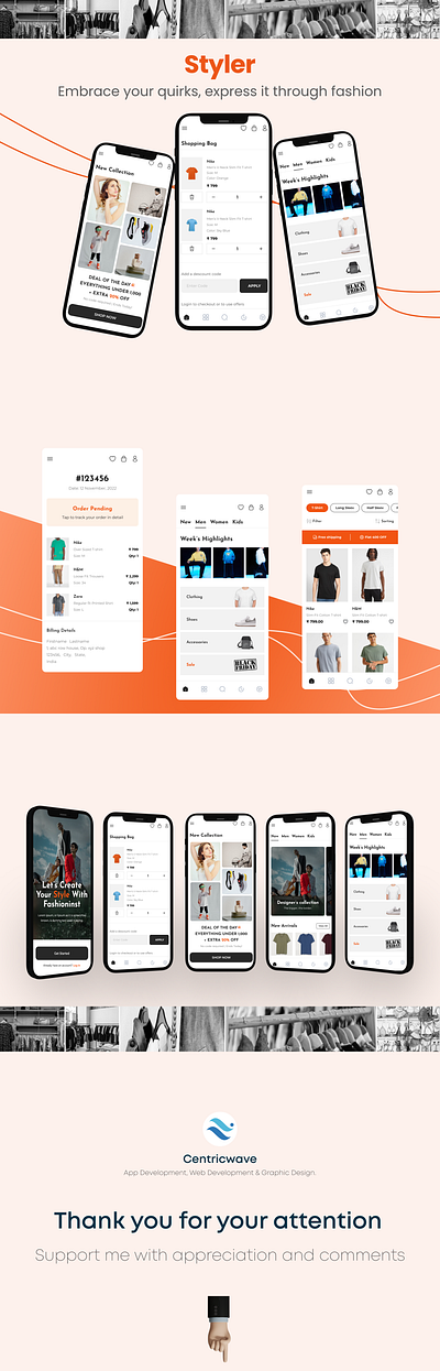 Styler Mobile App | Different Shopping experience app design branding cart cloths collections fashion mobile app payments shopping ui user profile wishlist