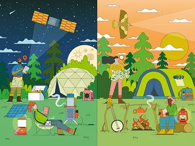 HackSpace Magazine: High Tech Vs Low Tech 2d art camping design digital art editorial graphic design great outdoors hardware high tech illustration illustrator low tech magazine magazine cover nature print raspberry pi technology vector