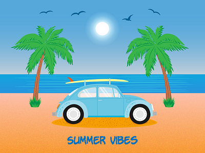 Summer vibes adventure car classic car design digital digitalart graphic design illustration palm tree rest retro car seashore summer summer design summer illustration summer vibes sun and sea vector vector illustration volkswagen beetle