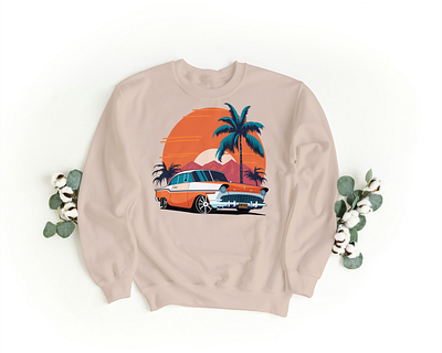 Vintage Sunset Cruise adobe illustrator adventure ai to illustration beach classic car cool ride graphic design illustration nostalgia palm trees retro road trip summer vibes sunset sweatshirt t shirt tropical vacation vintage vintage vibes