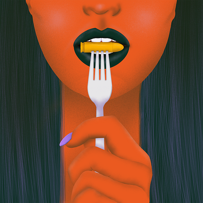 Bite the bullet airbrush branding bullet concept art design eat flat design food fork graphic design her illustration logo portrait procreate ui ux vector