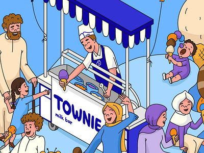 Townie milk bar isometric illustration bar blue branding catering coloring book coloring page contour hijab ice cone ice cream illustration illustration digital isometric milk saudi arabia vector