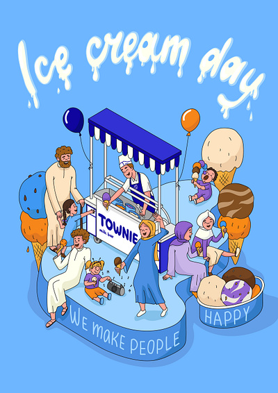 Townie milk bar isometric illustration bar blue branding catering coloring book coloring page contour hijab ice cone ice cream illustration illustration digital isometric milk saudi arabia vector
