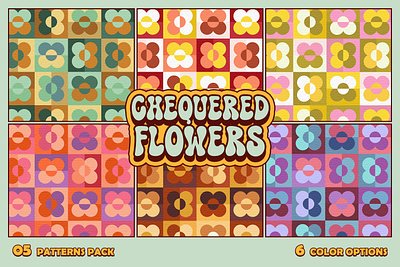 05 Chequered Flowers Seamless Patterns pack 1970 70s flat floral flowers groovy grove pattern patterns retro seamless simple textile texture tile vectore vintage warm