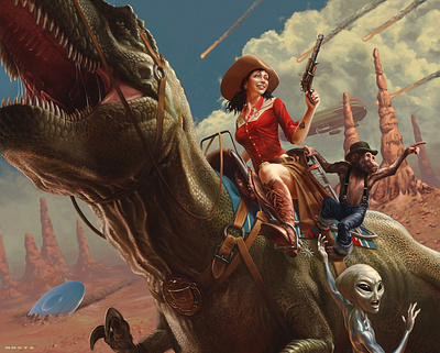 Rosie the Rex Rider alien childrens book cowboy digital painting dinosaur fun illustration old west steampunk woman