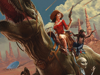 Rosie the Rex Rider alien childrens book cowboy digital painting dinosaur fun illustration old west steampunk woman