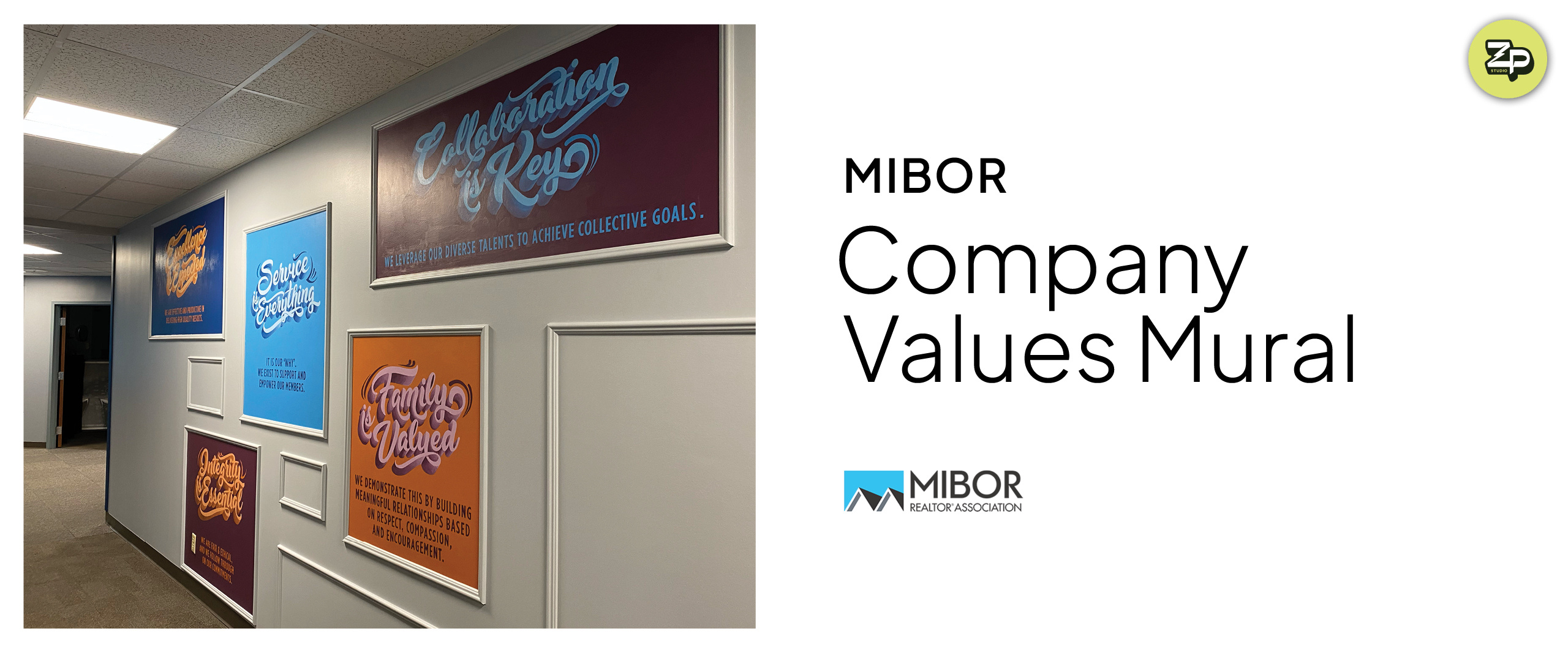 MIBOR Company Values Mural environmental graphcs hand lettering mural typography