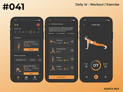 Daily UI 041 - Workout/Exercise dailychallenge dailyui dark theme designer exercise figma fitness mobile product design ui uiux ux workout