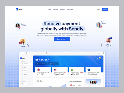 Sendly - Hero Section blue currency dashboard figma global landingpage payment transfer ui uiux usd userinterface webdesign websitedesign