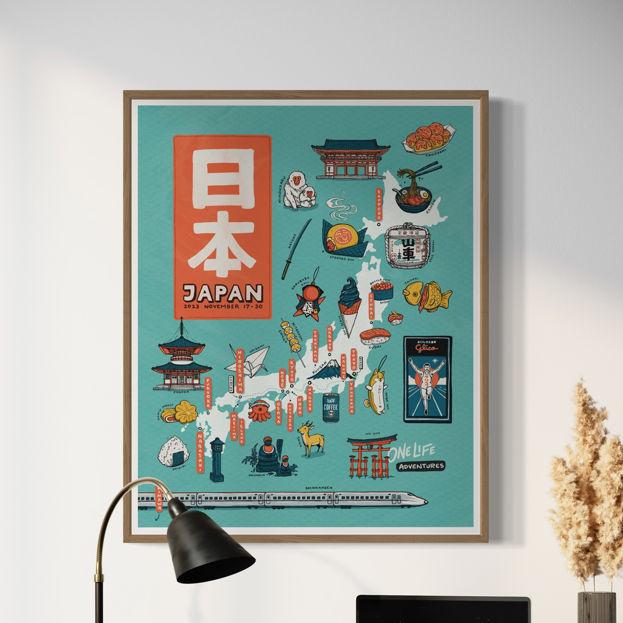 Illustrated Travel Map - Japan deer digital art food hand drawn icons illustration japan map map design procreate shiba inu sushi temple tokyo tori gate travel