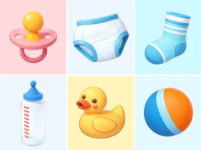 Baby Stuff Icon Cartoon Illustration 3d baby ball bottle cartoon cute design diaper duck icon illustration milk pacifier pastel rendering sock toy