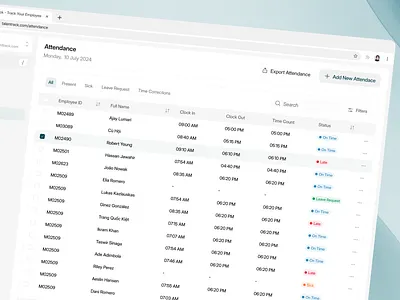 Talentrack - HR Management Dashboard [Attendance Page] admin attendance dashboard data employee hr hr dasboard human resources leave request management present product design schedule status time corrections ui web web design web page website