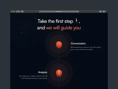 Process page for SEO Agency agency black dark dark mode design graphics guide guided steps onboarding orange process search seo shadows steps ui website