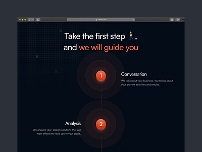 Process page for SEO Agency agency black dark dark mode design graphics guide guided steps onboarding orange process search seo shadows steps ui website