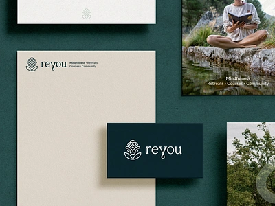 Reyou Mindfulness Stationery brand brand identity branding business card corporate dark green flower logo green green business card letterhead logo design minimal minimal logo staionery therapist therapy wordmark