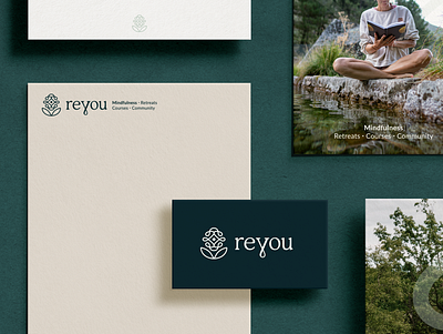 Reyou Mindfulness Stationery brand brand identity branding business card corporate dark green flower logo green green business card letterhead logo design minimal minimal logo staionery therapist therapy wordmark