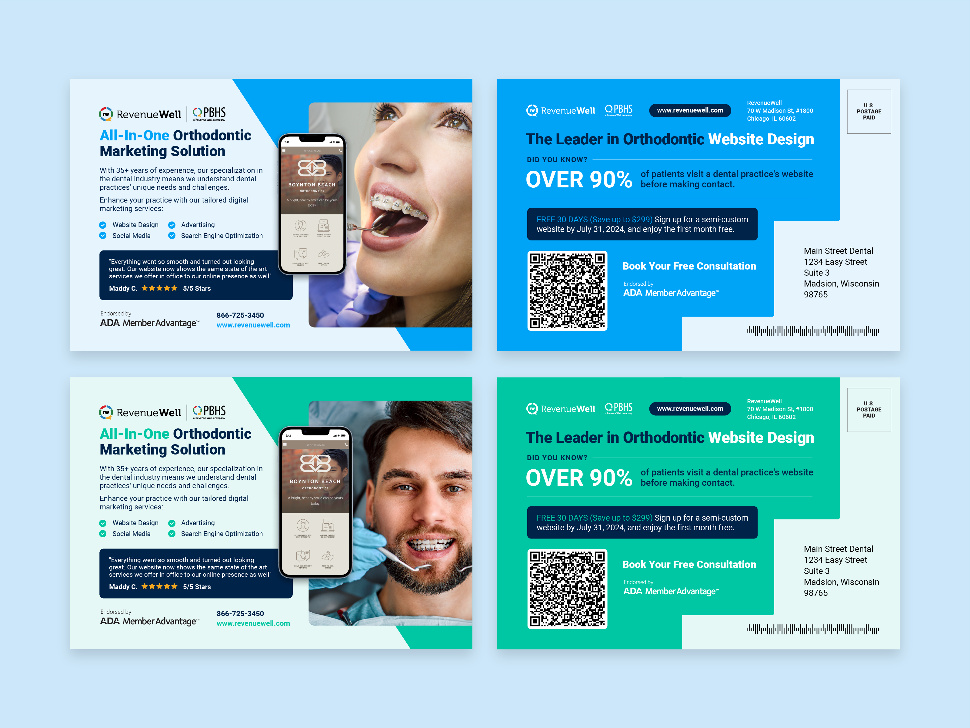 Orthodontic Direct Mail Postcards brand brand design branding dental dental marketing design direct mail graphic design icons layout design logo marketing design orthodontist postcard print design typography