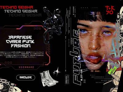 Techno Geisha | Cyber Punk | Fashion | Y2K 3d animation black and white cyber punk dark graphic design icon japan japanese landing page logo motion graphics tokyo typography ui vector design web web design webdesign y2k