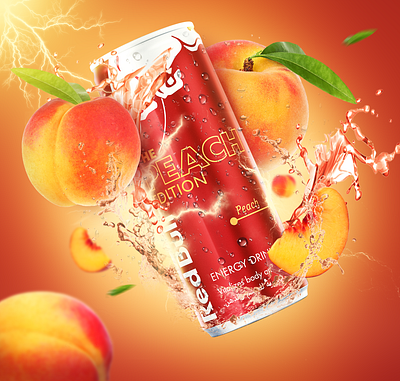 Red bull Peach design drink energydrink graphic design light orange peach photoshop red redbull redbullpeach socialmediadesign splash thunder