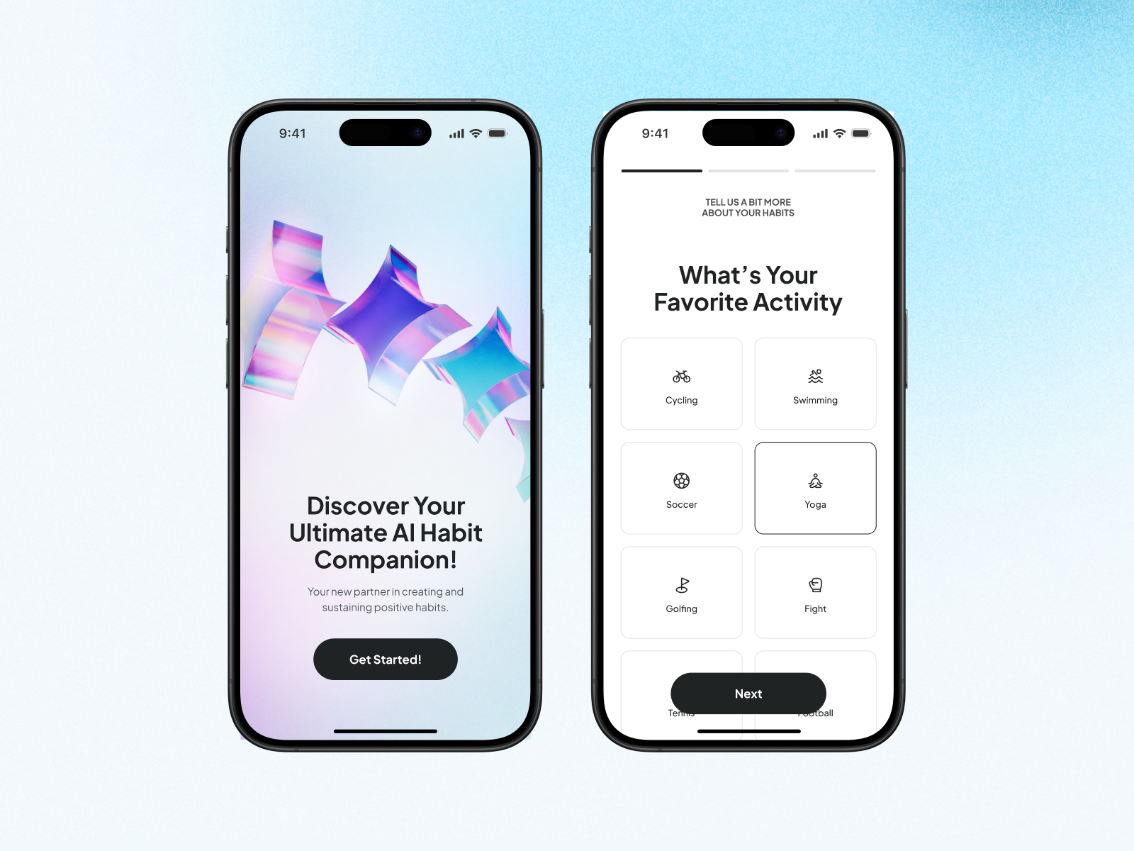 Habit AI Companion - App Concept 3d ai animation app card clean color colorful design habit icon illustration interaction mobile motion graphics routine typography ui ui design app ux