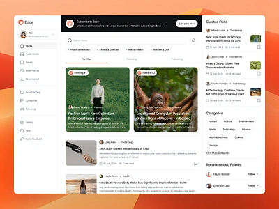 Bace - News Dashboard article blog copywriting design ebook forum light mode medium news news feed product design trending ui ui design uiux writer