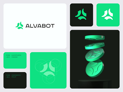 Alvabot - Crypto Trading Bot 3d blockchain bot branding coin crypto design for sale graphic design green logo minimalist modern neon simple tech technology token trading unused