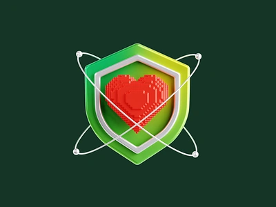 3D Love Shield 3d green heart icon illustration love network pixelated shield