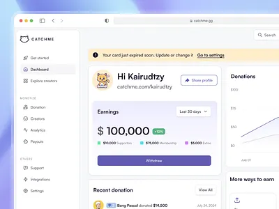 Catchme - Monetizing Platform for Creators analytics analytics dashboard clean creator creators dashboard creator figma framer monetization nija tipping ui dashboard webflow withdraw