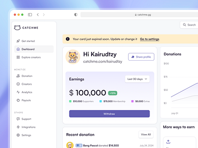 Catchme - Monetizing Platform for Creators analytics analytics dashboard clean creator creators dashboard creator figma framer monetization nija tipping ui dashboard webflow withdraw