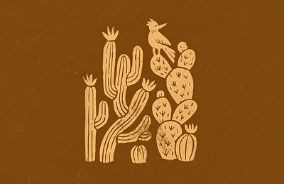 Desert bird cactus desert illustration linocut print printmaking stamp