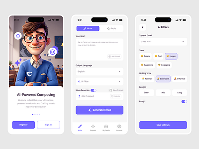 DraftBot | Mobile App Design 🤖 app clean composing design email generator graphic illustration inbox mobile service simple smart ssistant suarasa ui website writer