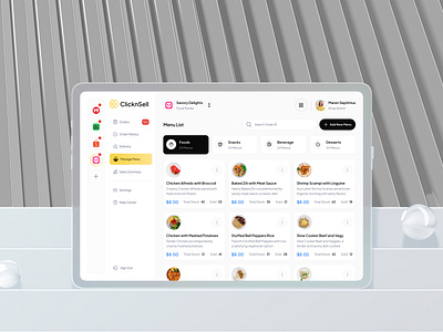 ClicknSell : Manage Menu Page beverages cashier cashier app clean design desserts food menu food order menu list menu order online order food ordering food point of sale pos snacks