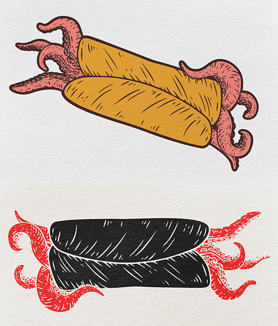 Shawarma beast food illustration linocut monster octopus print shawarma tentacles vector vintage