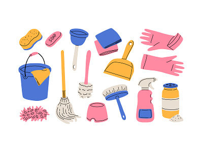 Cleaning supplies brush cartoon cleaning concept design flat gloves house housework illustration supplies tools vector