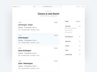 Jobs Search - A Corporate Recruitment Platform aestheticdesign clean ui job search jobfinder joblisitings jobplatform jobportal jobposting jobsearch minimalisticdesign typography ui uidesign uiux ux uxdesign webdesign webpage