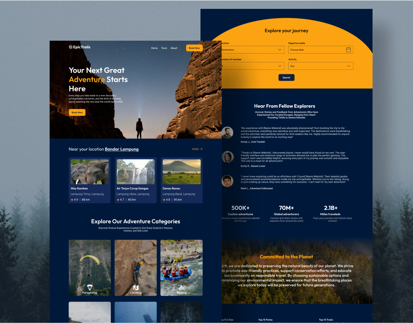 Adventure Travel Website Design adventure categories committment desktop form hero home page interface nature outdoor testimonial travel ui uiux design user interface website
