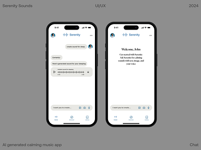 Serenity Sounds UI/UX ai app apple artificial intelligence blue branding chat design graphic design illustration ios logo minimal mobile typography ui ux