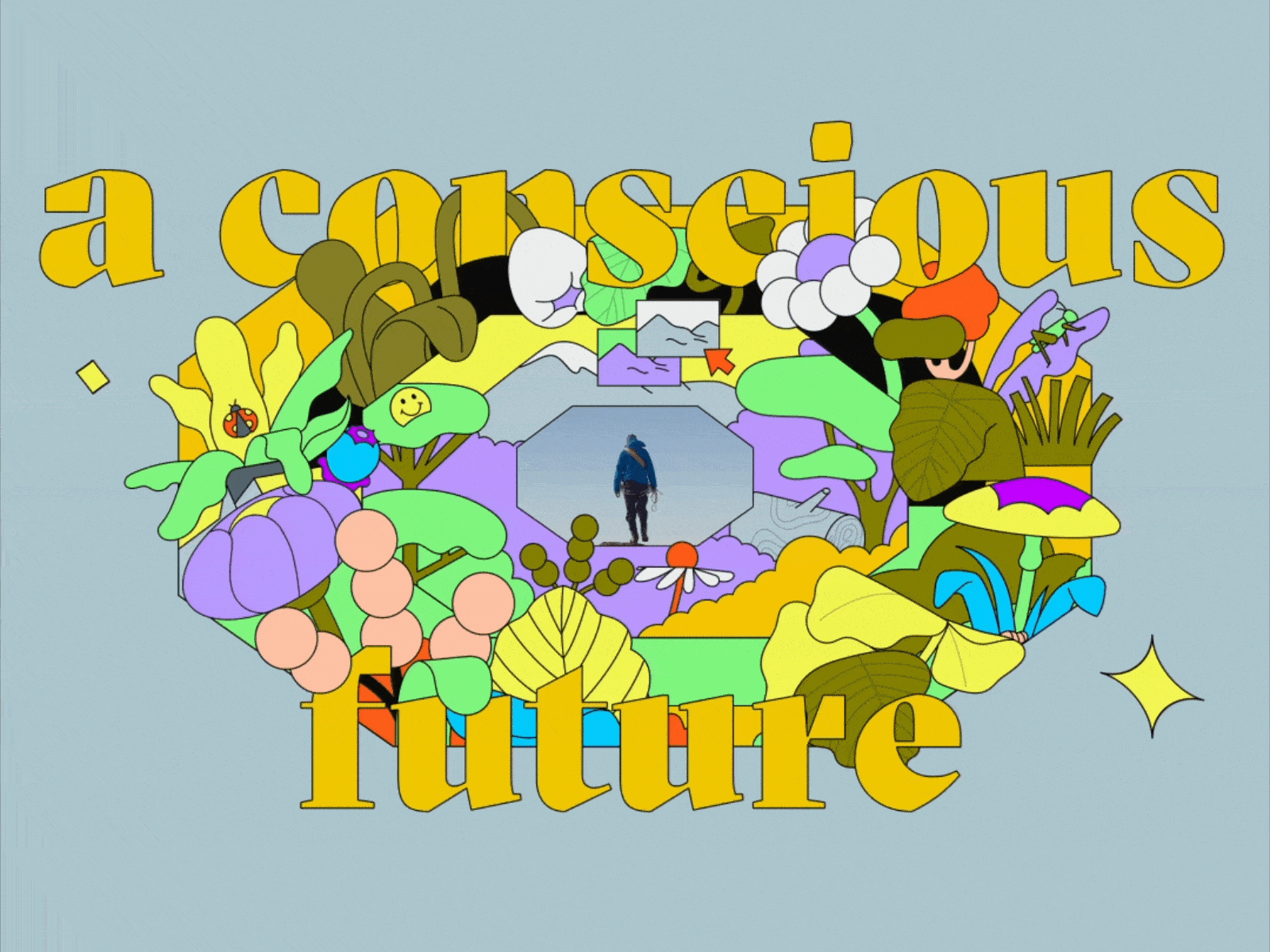 A step closer to a conscious future 🌸 2d illustration animation branding design flower gif illo illustration motion motion graphics nature shapes sustainability typography