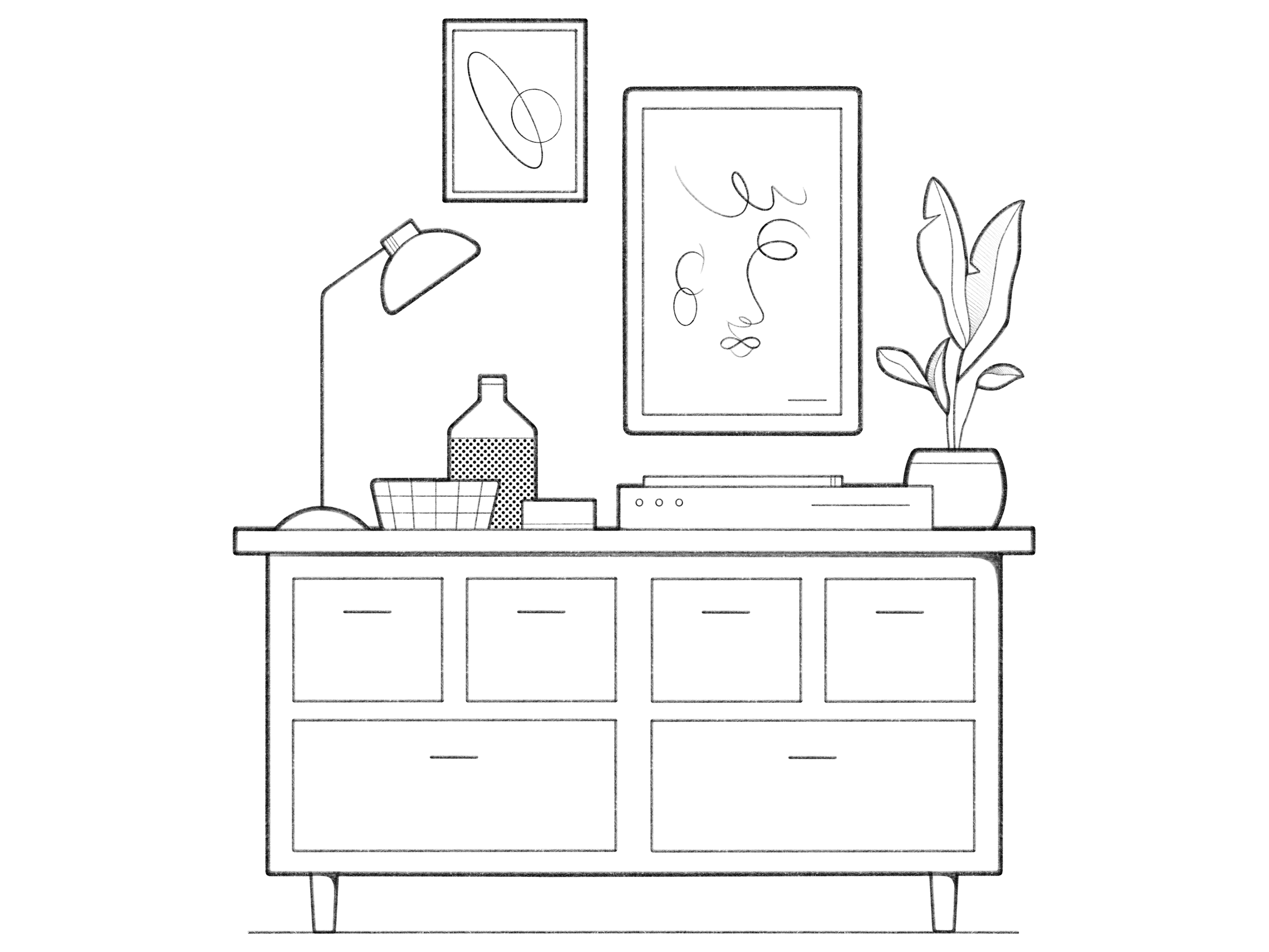 home black and white cartoon comic design details drawing home illustration line minimal monochrome pencil plants procreate product design simple space ui ux web design