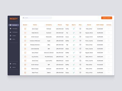 Contacts Page Web App add blue business button checkbox contacts dashboard delete edit green icon leads orange order page red sidebar table web app window