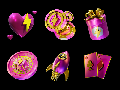 VoltSlot - 3D Icons Set 3d 3d icons branding cards coin coins crypto gambling game gaming gift heart icon set icons igaming illustration lighting poker rocket roulette